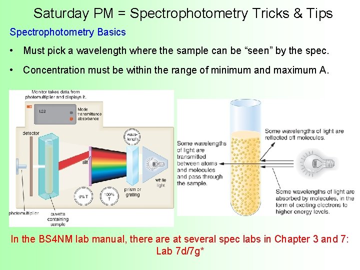 Saturday PM = Spectrophotometry Tricks & Tips Spectrophotometry Basics • Must pick a wavelength