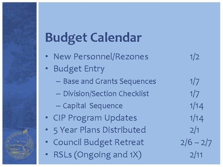 Budget Calendar • New Personnel/Rezones • Budget Entry – Base and Grants Sequences –