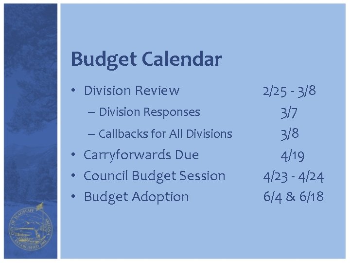 Budget Calendar • Division Review – Division Responses – Callbacks for All Divisions •