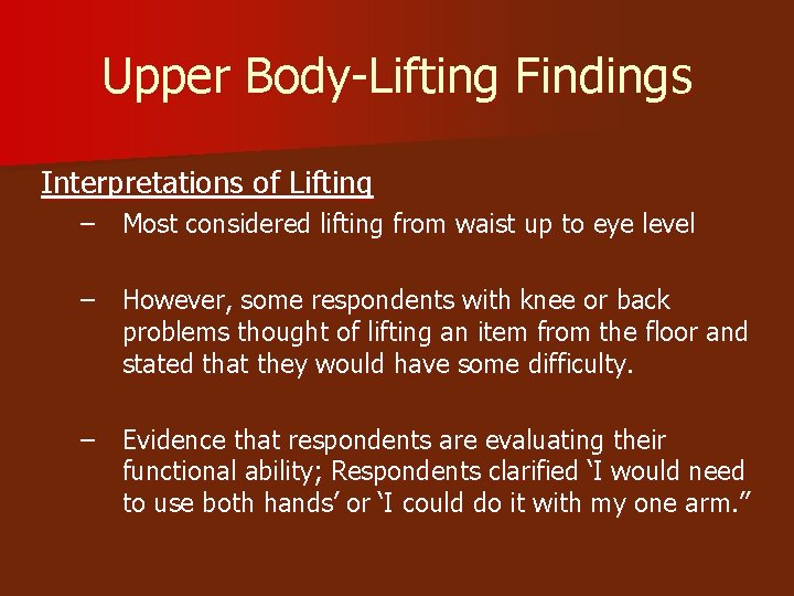 Upper Body-Lifting Findings Interpretations of Lifting – Most considered lifting from waist up to