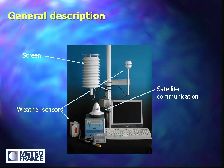 General description Screen Satellite communication Weather sensors 