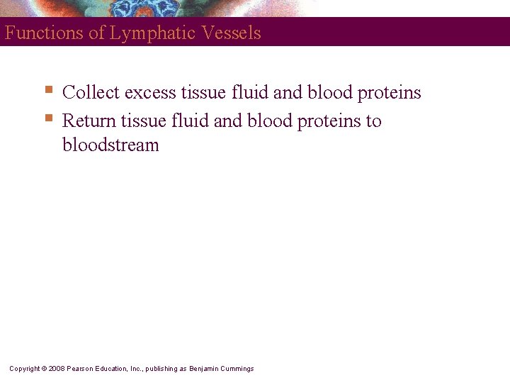 Functions of Lymphatic Vessels § § Collect excess tissue fluid and blood proteins Return