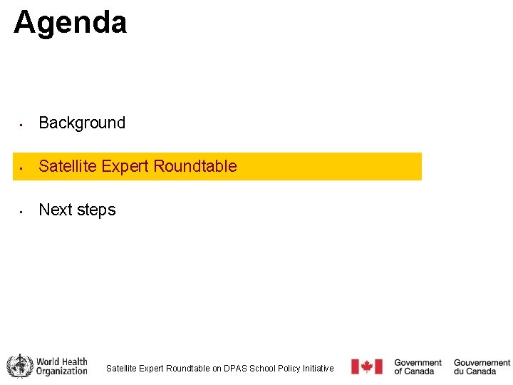 Agenda • Background • Satellite Expert Roundtable • Next steps Satellite Expert Roundtable on