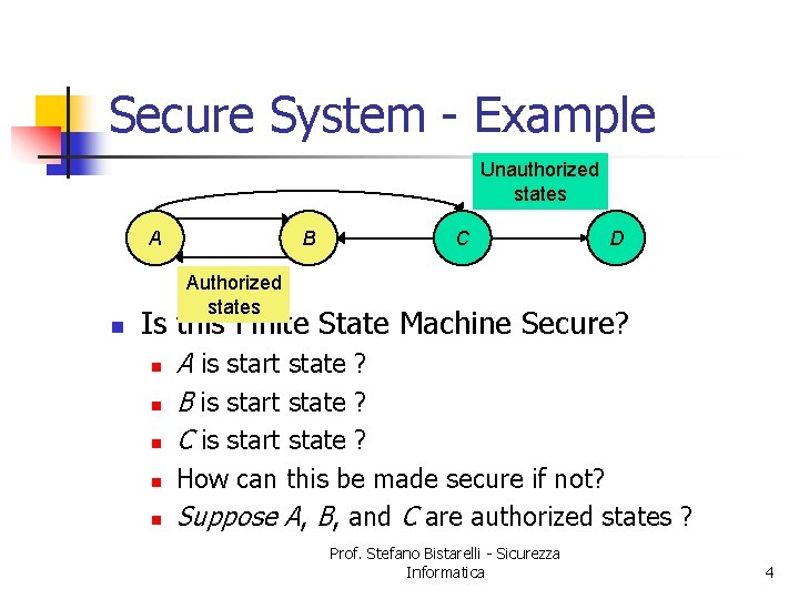 Secure System - Example Unauthorized states A n B C D Authorized states Is