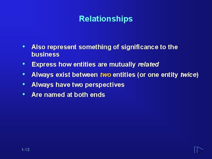 Relationships • Also represent something of significance to the business • • Express how
