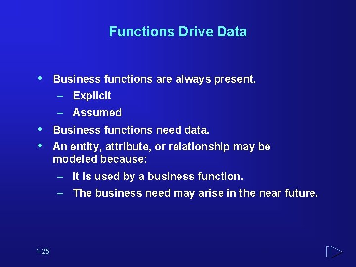 Functions Drive Data • Business functions are always present. – Explicit – Assumed •