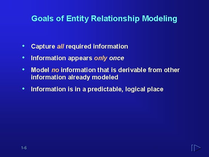 Goals of Entity Relationship Modeling • • • Capture all required information • Information