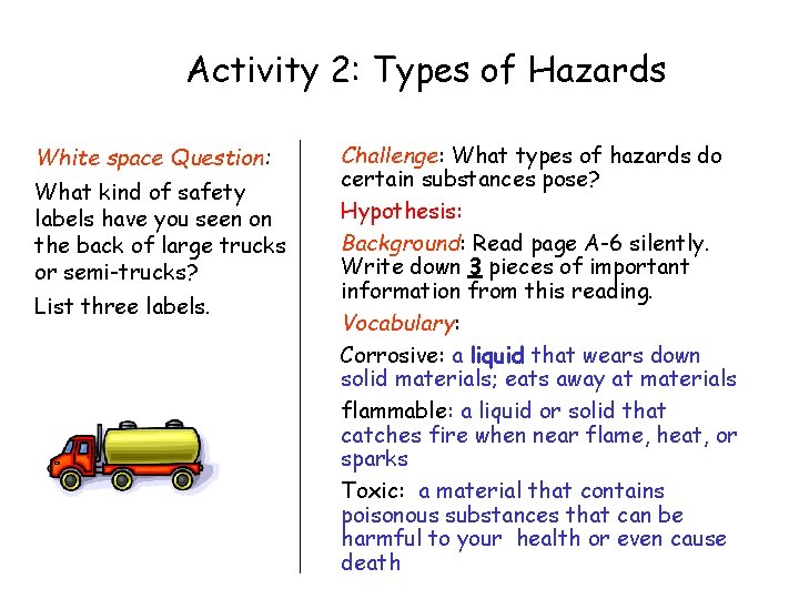 Activity 2: Types of Hazards White space Question: What kind of safety labels have