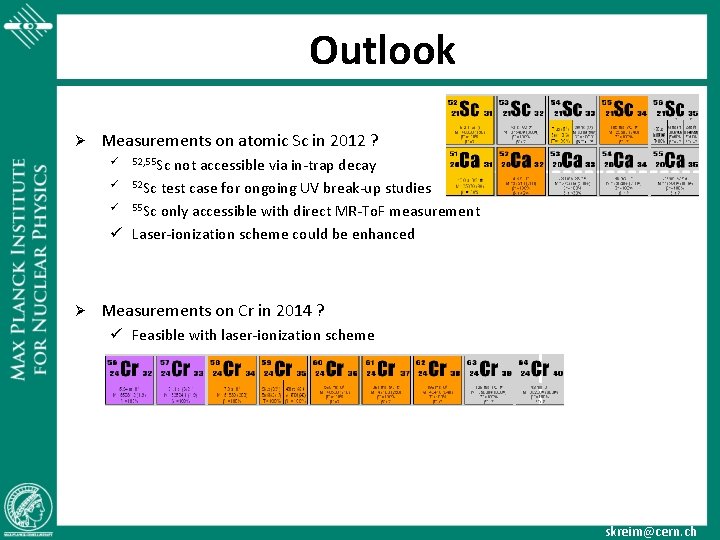 Outlook Ø Measurements on atomic Sc in 2012 ? not accessible via in-trap decay