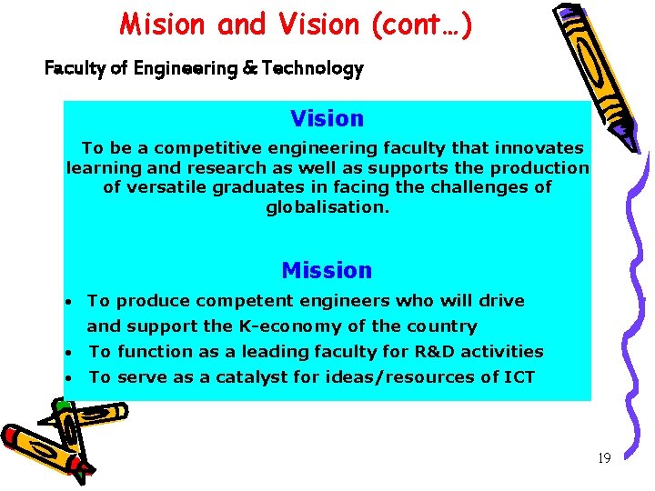Mision and Vision (cont…) Faculty of Engineering & Technology Vision To be a competitive
