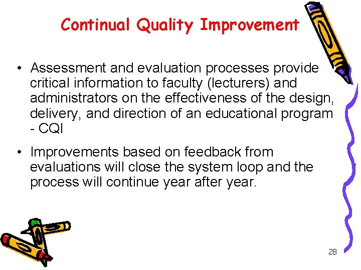 Continual Quality Improvement • Assessment and evaluation processes provide critical information to faculty (lecturers)