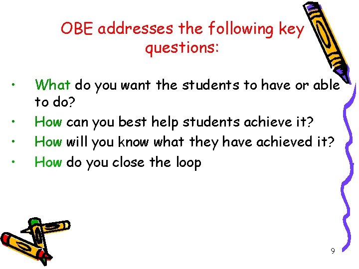 OBE addresses the following key questions: • • What do you want the students