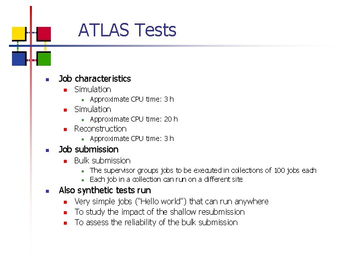 ATLAS Tests n Job characteristics n Simulation n n Approximate CPU time: 3 h