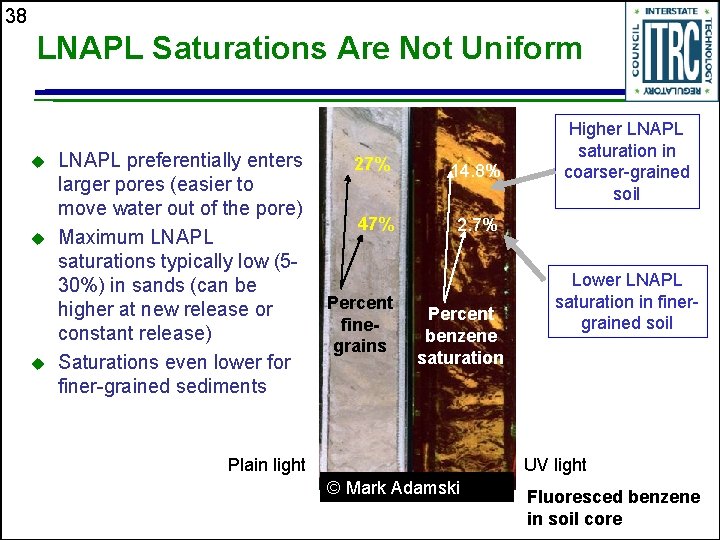 38 LNAPL Saturations Are Not Uniform u u u LNAPL preferentially enters larger pores