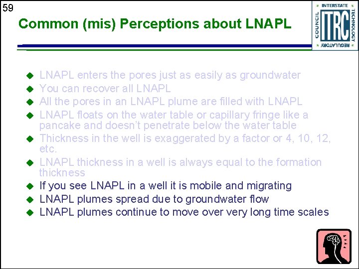 59 Common (mis) Perceptions about LNAPL u u u u u LNAPL enters the