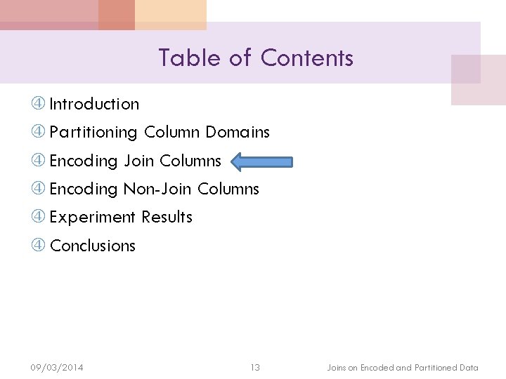 Table of Contents Introduction Partitioning Column Domains Encoding Join Columns Encoding Non-Join Columns Experiment