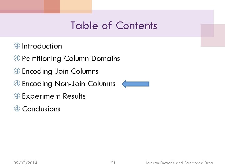 Table of Contents Introduction Partitioning Column Domains Encoding Join Columns Encoding Non-Join Columns Experiment