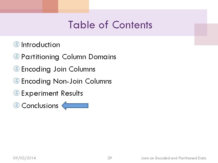 Table of Contents Introduction Partitioning Column Domains Encoding Join Columns Encoding Non-Join Columns Experiment