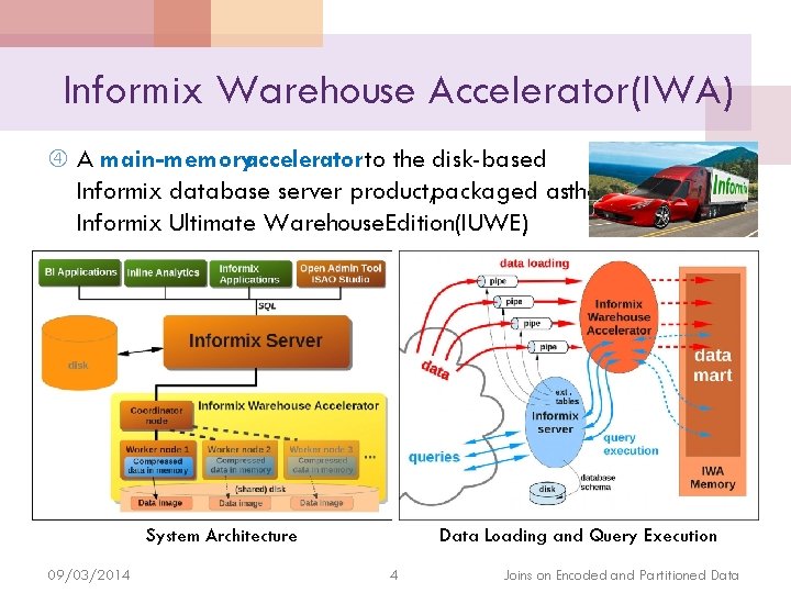 Informix Warehouse Accelerator(IWA) A main-memoryaccelerator to the disk-based Informix database server product, packaged asthe