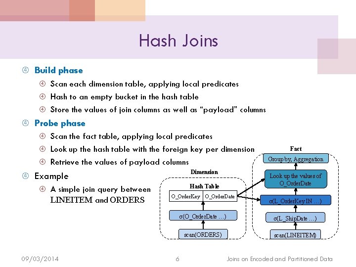 Hash Joins Build phase Scan each dimension table, applying local predicates Hash to an