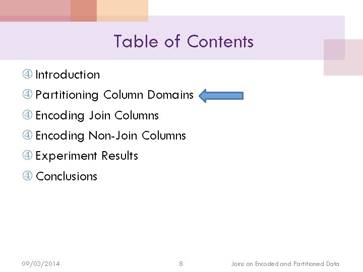 Table of Contents Introduction Partitioning Column Domains Encoding Join Columns Encoding Non-Join Columns Experiment