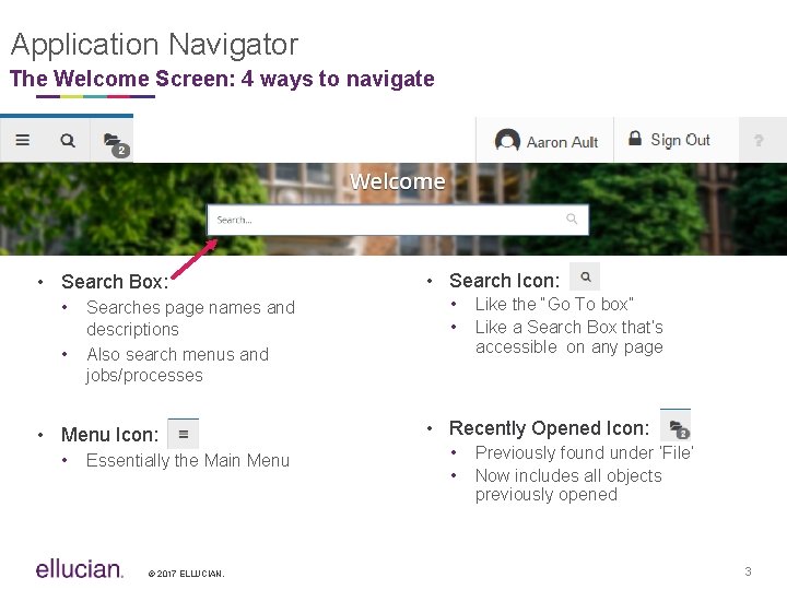 Application Navigator The Welcome Screen: 4 ways to navigate • Search Box: • •