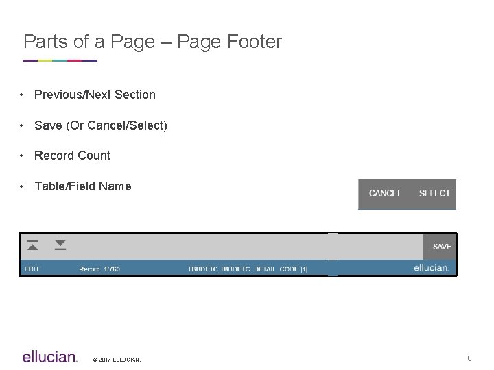 Parts of a Page – Page Footer • Previous/Next Section • Save (Or Cancel/Select)