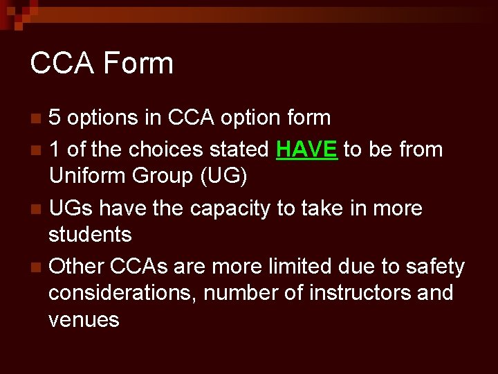 CCA Form 5 options in CCA option form n 1 of the choices stated