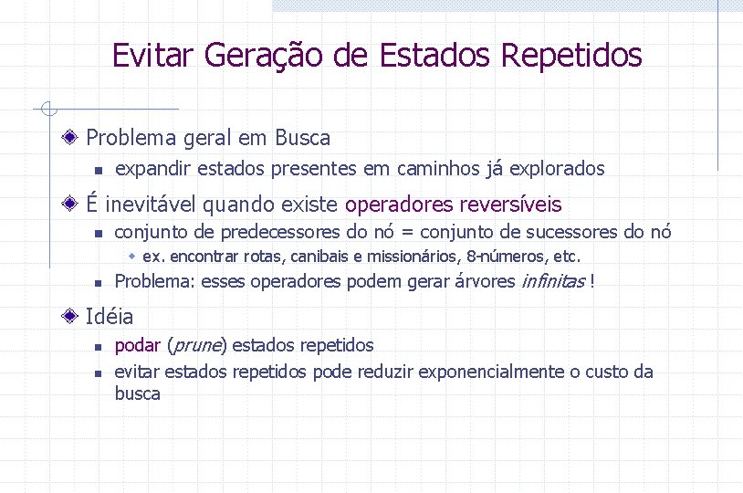 Evitar Geração de Estados Repetidos Problema geral em Busca n expandir estados presentes em