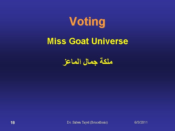 Voting Miss Goat Universe ﻣﻠﻜﺔ ﺟﻤﺎﻝ ﺍﻟﻤﺎﻋﺰ 18 Dr. Salwa Tayel (Brucellosis) 6/3/2011 