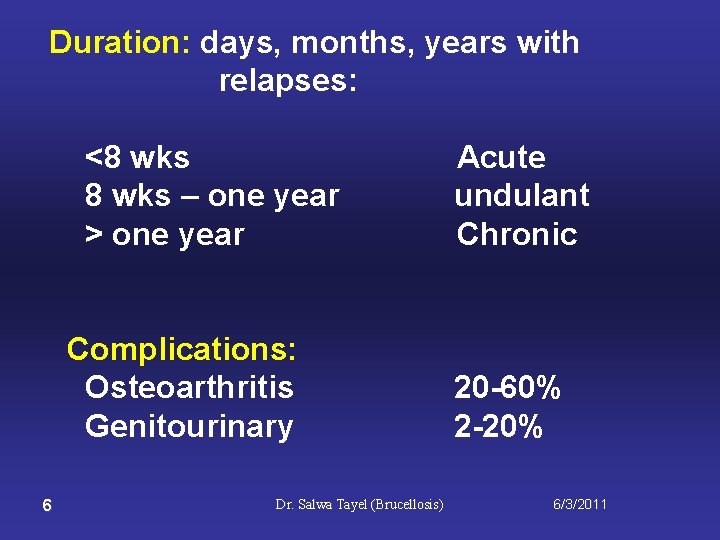 Duration: days, months, years with relapses: <8 wks – one year > one year