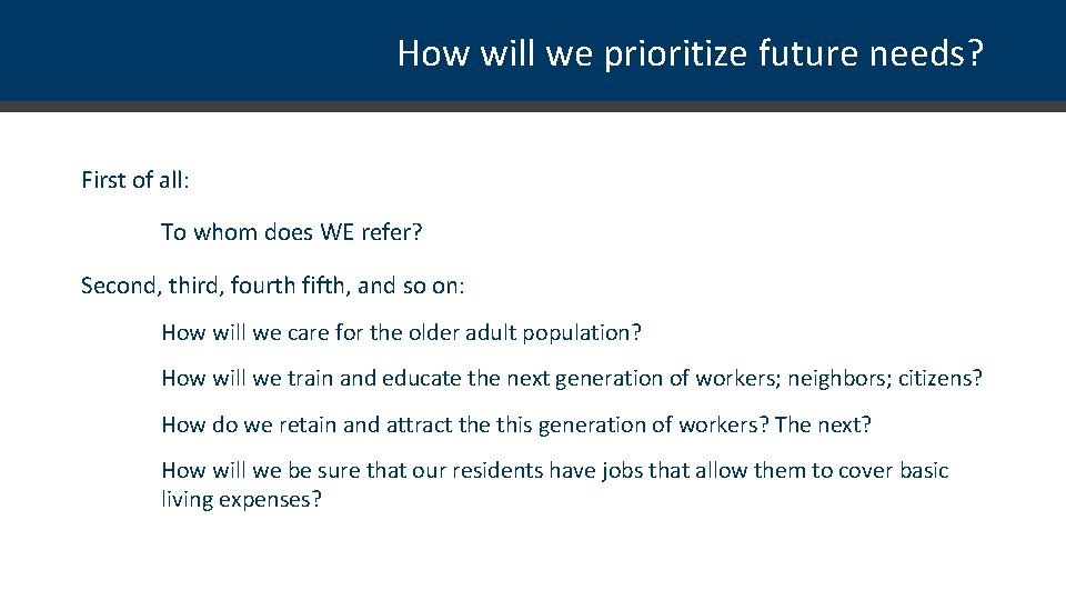 How will we prioritize future needs? First of all: To whom does WE refer?