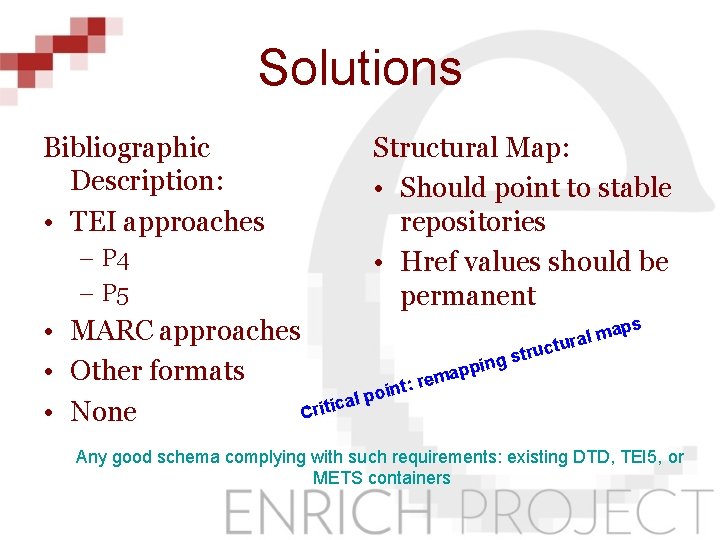 Solutions Bibliographic Description: • TEI approaches – P 4 – P 5 Structural Map: