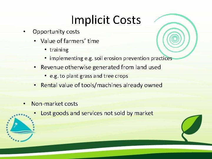 Implicit Costs • Opportunity costs • Value of farmers’ time • training • implementing