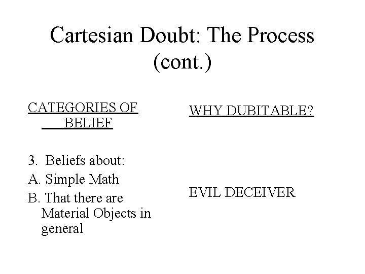 Cartesian Doubt: The Process (cont. ) CATEGORIES OF BELIEF WHY DUBITABLE? 3. Beliefs about: