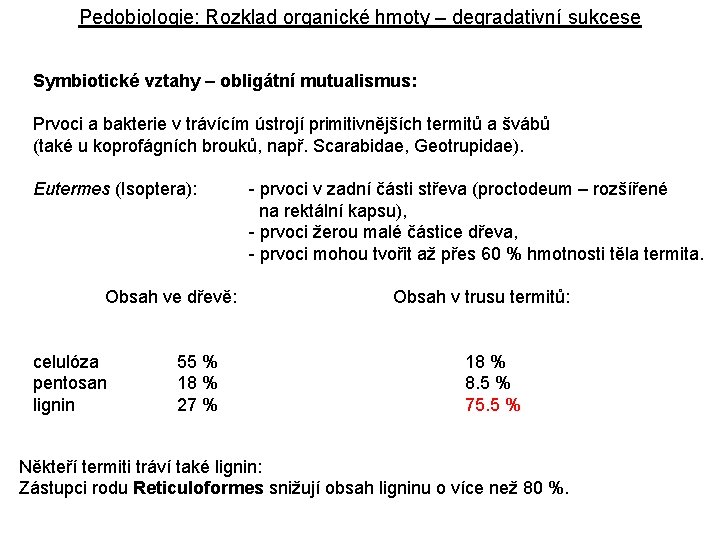 Pedobiologie: Rozklad organické hmoty – degradativní sukcese Symbiotické vztahy – obligátní mutualismus: Prvoci a