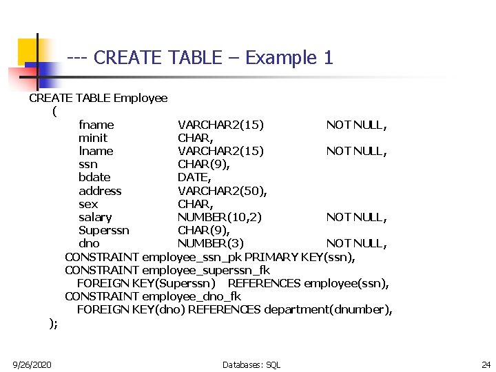 --- CREATE TABLE – Example 1 CREATE TABLE Employee ( fname VARCHAR 2(15) NOT