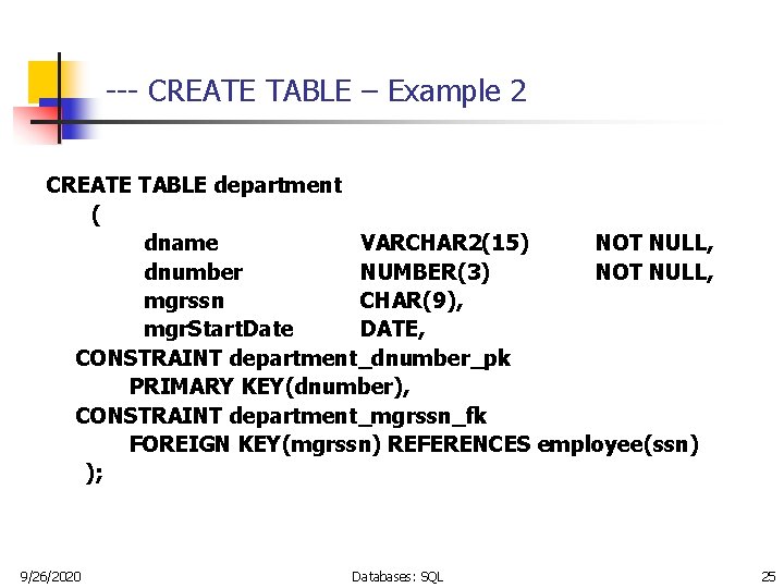 --- CREATE TABLE – Example 2 CREATE TABLE department ( dname VARCHAR 2(15) NOT