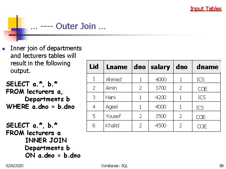 Input Tables … ---- Outer Join … n Inner join of departments and lecturers