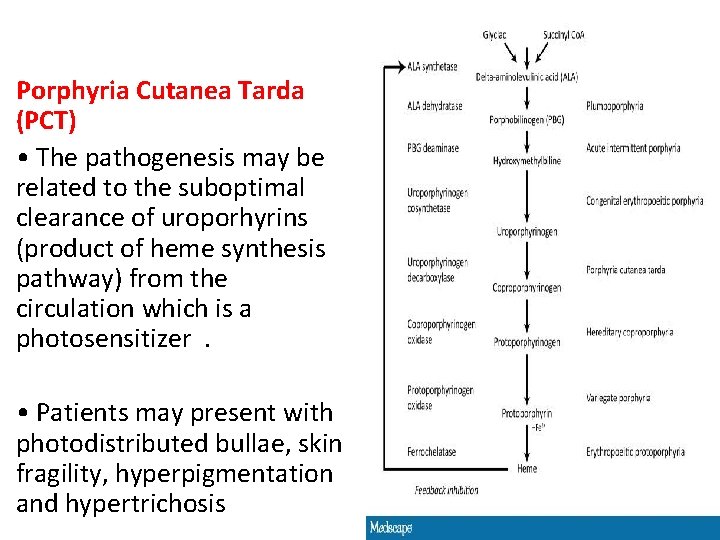 Porphyria Cutanea Tarda (PCT) • The pathogenesis may be related to the suboptimal clearance