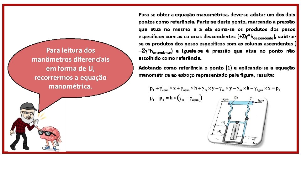 Para leitura dos manômetros diferenciais em forma de U, recorrermos a equação manométrica. Para
