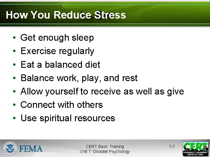How You Reduce Stress • • Get enough sleep Exercise regularly Eat a balanced