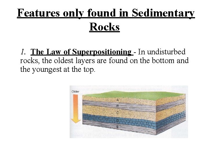 Features only found in Sedimentary Rocks 1. The Law of Superpositioning - In undisturbed Features only found in Sedimentary Rocks 1. The Law of Superpositioning - In undisturbed
