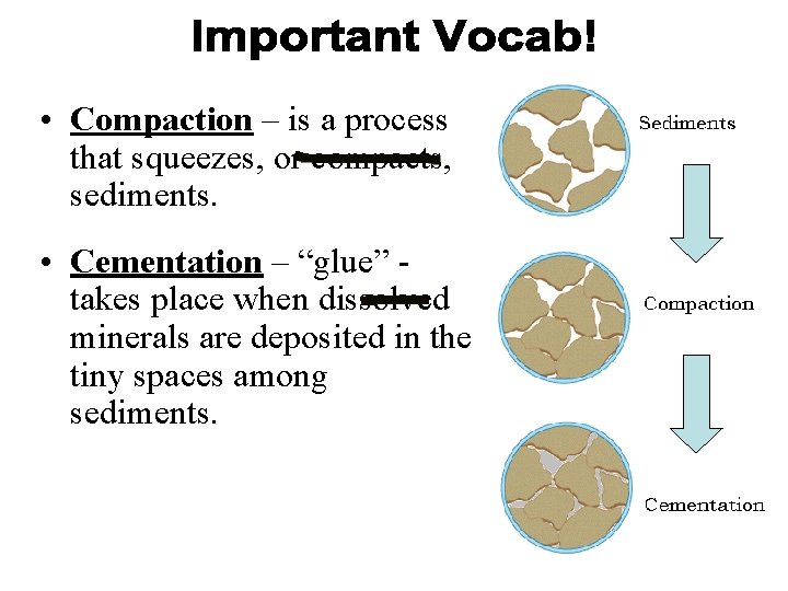 • Compaction – is a process that squeezes, or compacts, sediments. • Cementation • Compaction – is a process that squeezes, or compacts, sediments. • Cementation