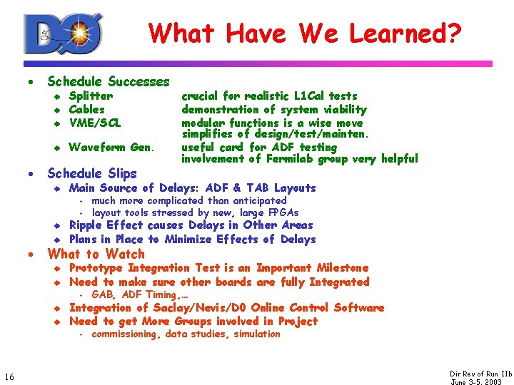 What Have We Learned? · Schedule Successes u Splitter Cables VME/SCL u Waveform Gen.