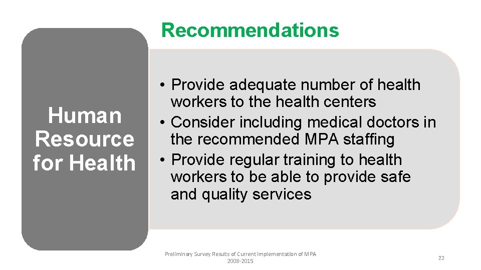 Recommendations Human Resource for Health • Provide adequate number of health workers to the