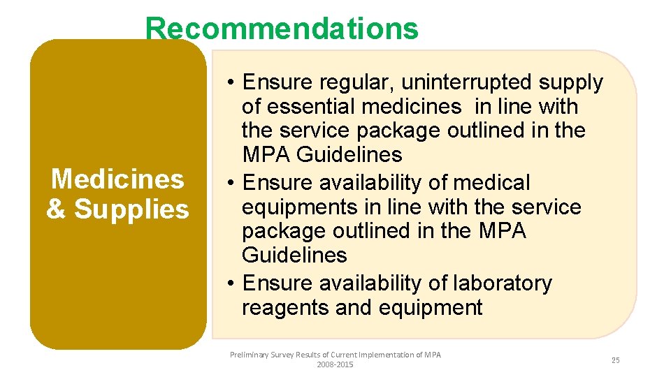 Recommendations Medicines & Supplies • Ensure regular, uninterrupted supply of essential medicines in line