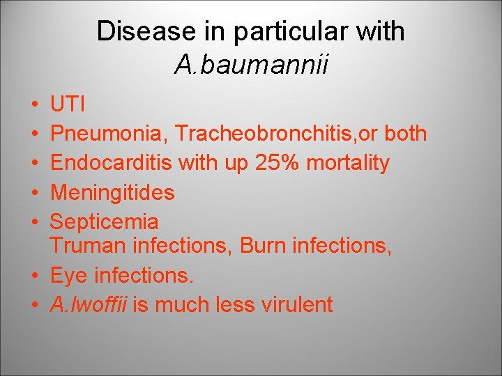 Disease in particular with A. baumannii • • • UTI Pneumonia, Tracheobronchitis, or both