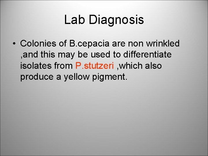 Lab Diagnosis • Colonies of B. cepacia are non wrinkled , and this may