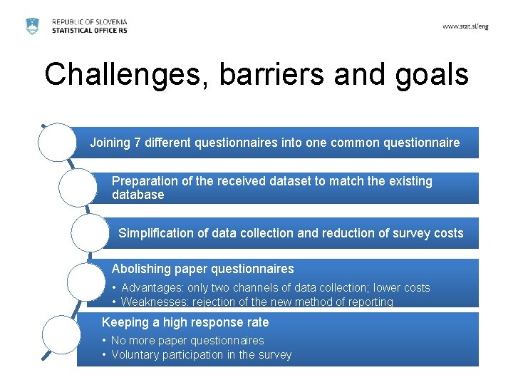 Challenges, barriers and goals Joining 7 different questionnaires into one common questionnaire Preparation of